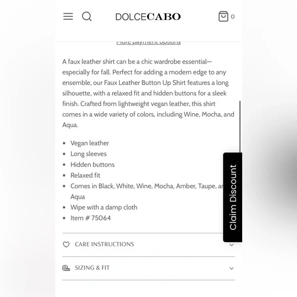 DOLCE CABO Faux Vegan Leather Button Up Shirt SIZE Small NWOT - Picture 4 of 11